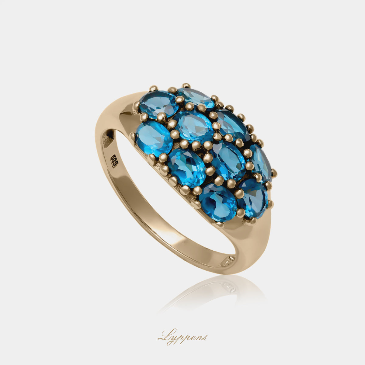 14kt geelgouden bolle ring met ovaal geslepen London blue topaas