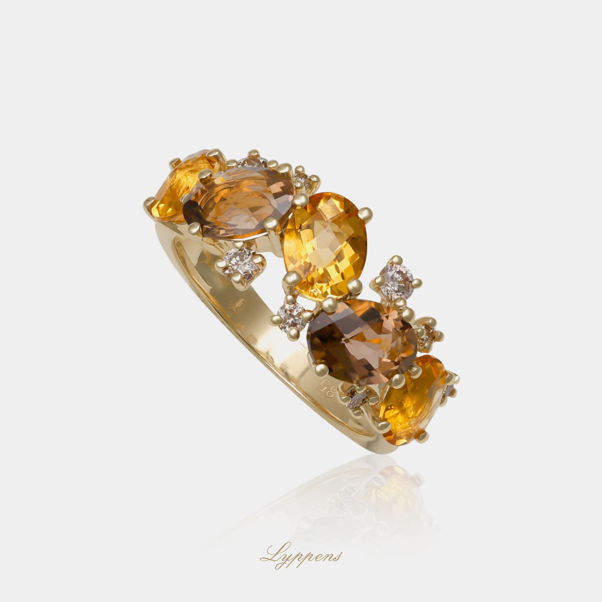 14kt geelgouden ring bezet met citrien, rookkwarts en bruine diamant van SI1 zuiverheid