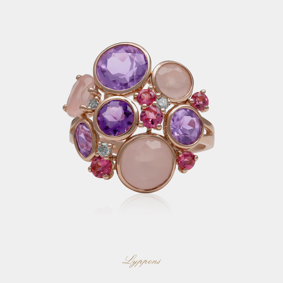 14kt roségouden cocktailring met ovaal en rond geslepen amethist, rozenkwarts, toermalijn en 0.08ct diamant