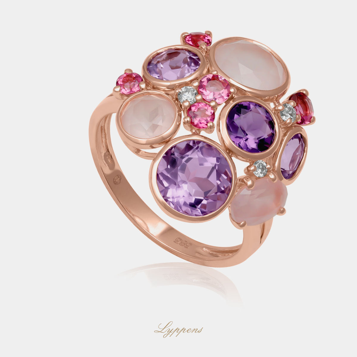 14kt roségouden ring bezet met kleurrijke edelstenen en briljant geslepen diamanten