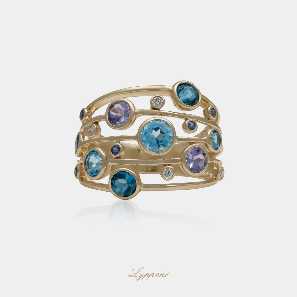 Geelgouden ring met saffier, tanzaniet, topaas en diamant