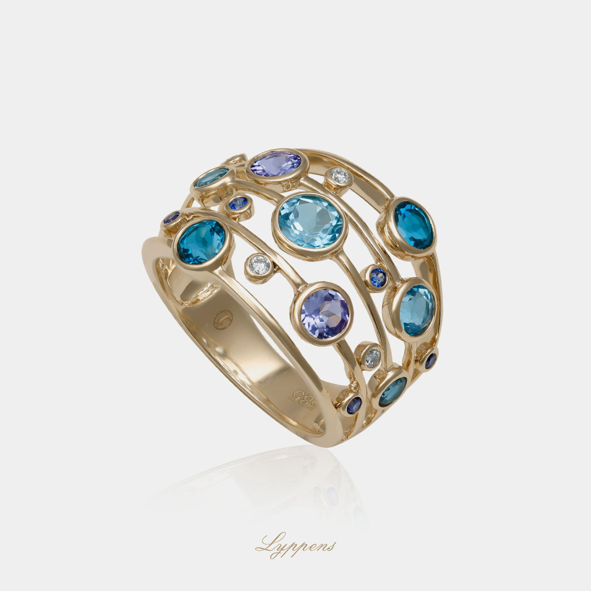 Geelgouden ring met saffier, tanzaniet, topaas en diamant