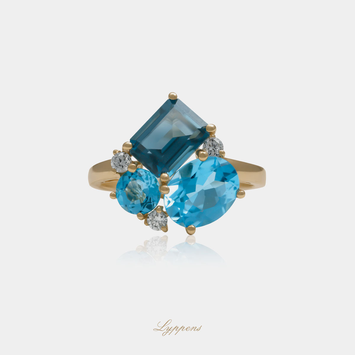 14 karaat geelgouden ring met blauwe topaas en briljant diamant 0.18ct
