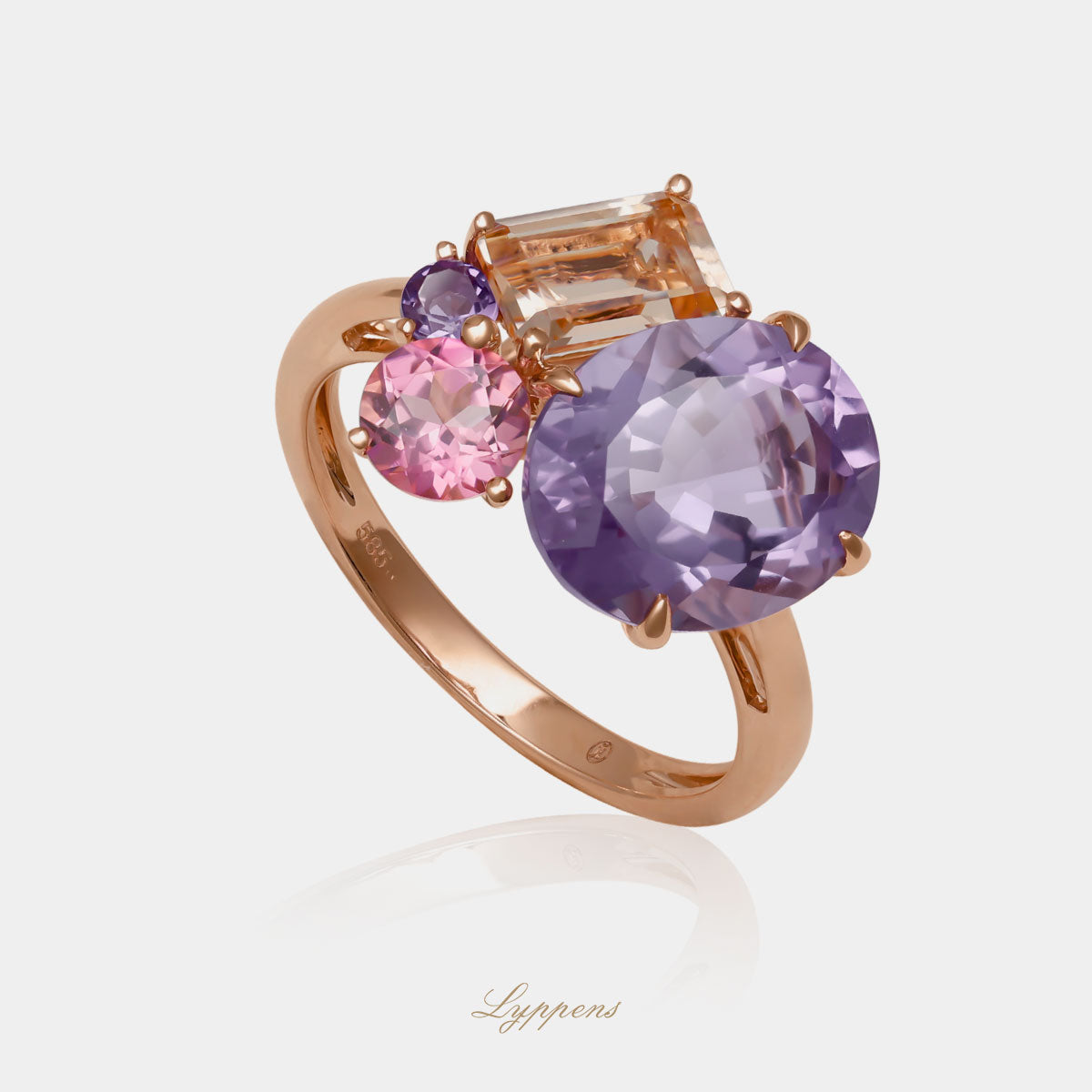 14kt roségouden cocktail ring met amethist, toermalijn en morganiet