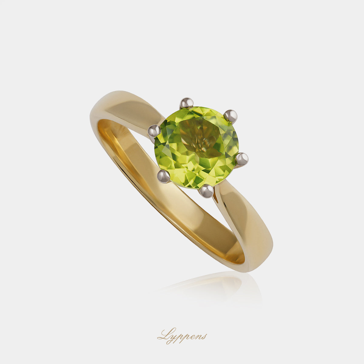 14kt geelgouden ring met peridoot, gezet in contrasterende witgouden zespoots zetting