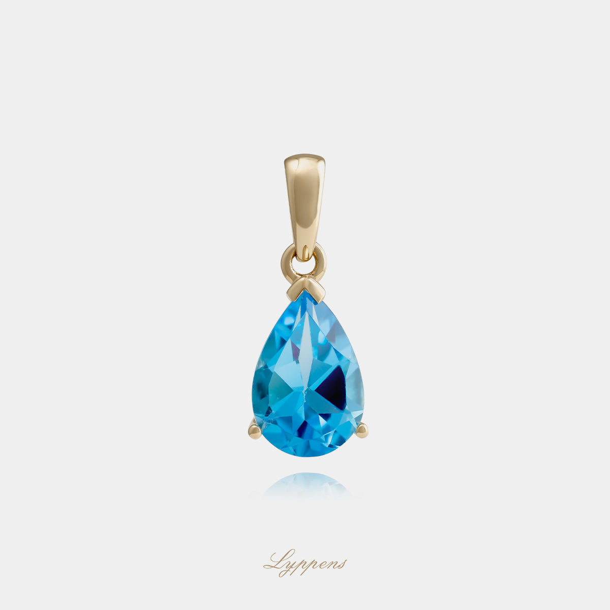 14kt geelgouden hanger met peer geslepen Swiss blue topaas