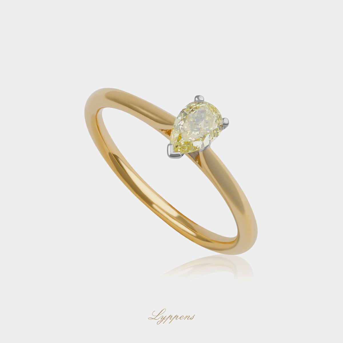 bicolor 18kt verlovingsring met peer geslepen fancy yellow GIA diamant