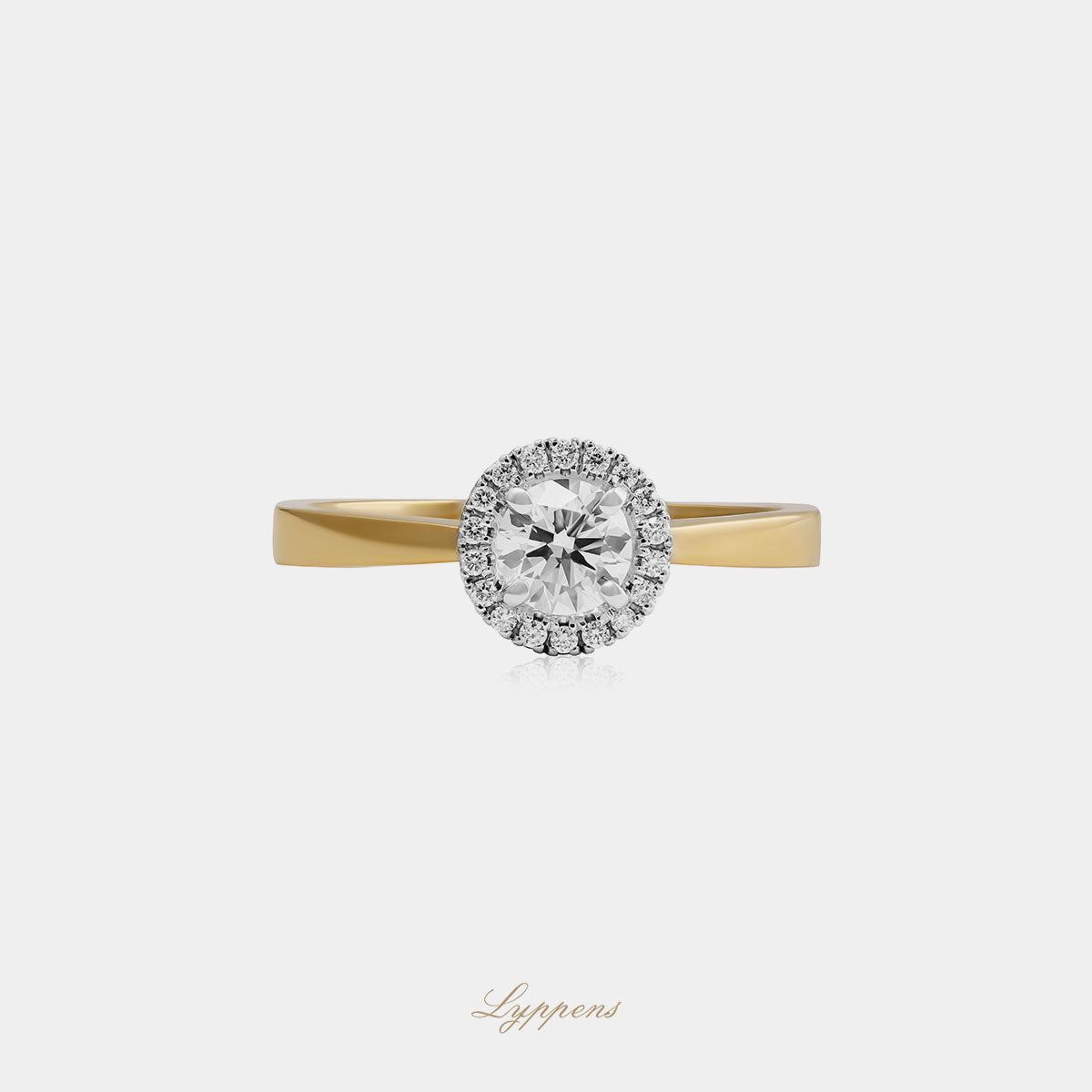 18kt geel- en witgouden entourage ring met 0.40ct GIA diamant en 0.08ct briljant geslepen diamanten