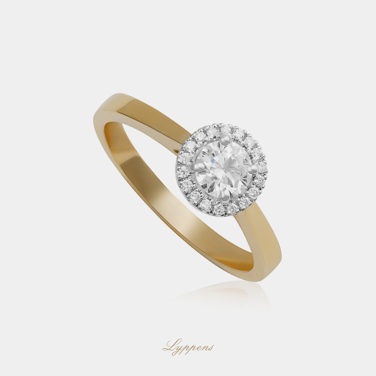 bicolor 18kt verlovingsring met briljant geslepen GIA diamant in fijne entourage