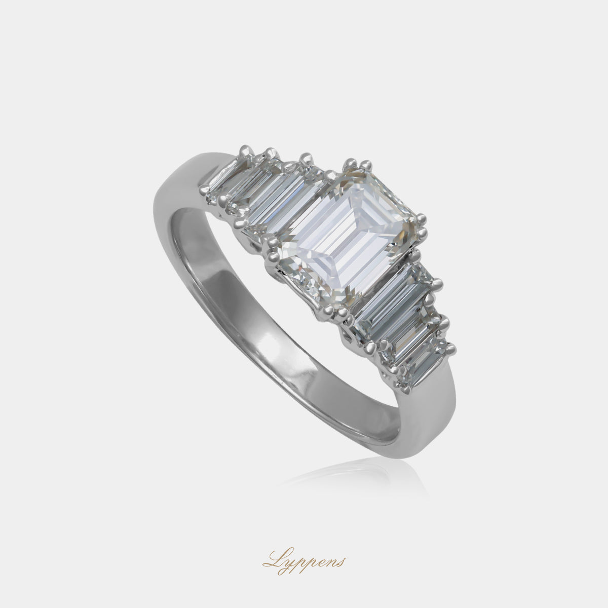 18kt witgouden verlovingsring met emerald geslepen GIA diamant, kleur F VVS2