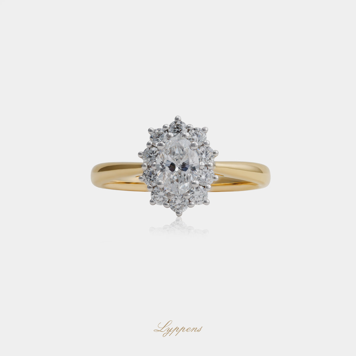 18kt geel- en witgouden entourage ring met 0.50ct ovaal diamant D VS1 en halo 0.35ct G SI1, GIA