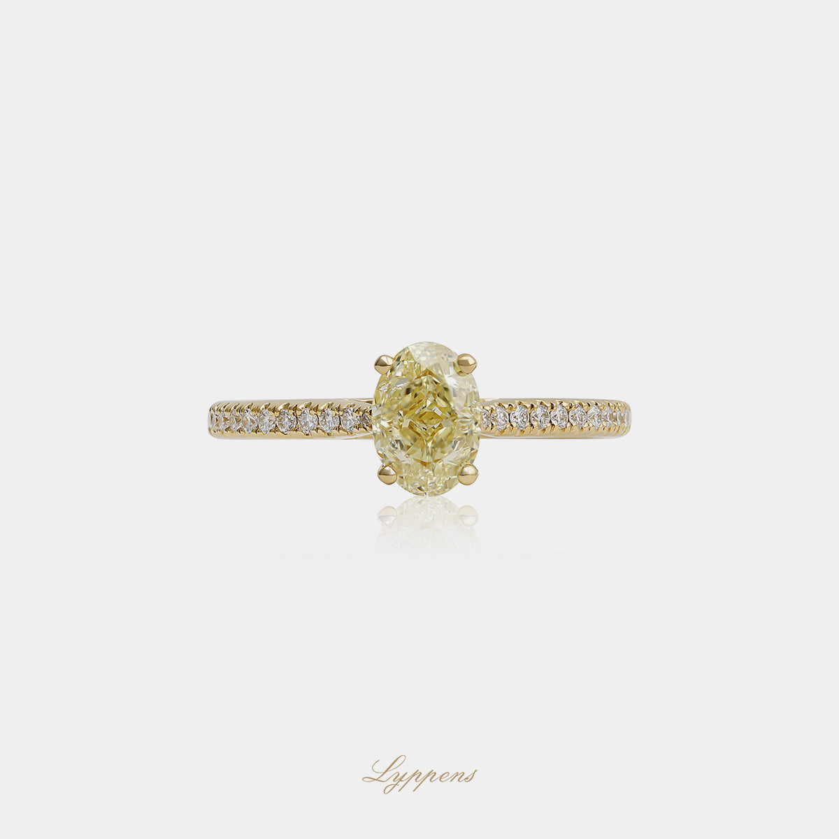 18kt geelgouden solitair ring met 0.91ct ovaal fancy intense yellow diamant VS2, pavé band 0.15ct G SI1, GIA