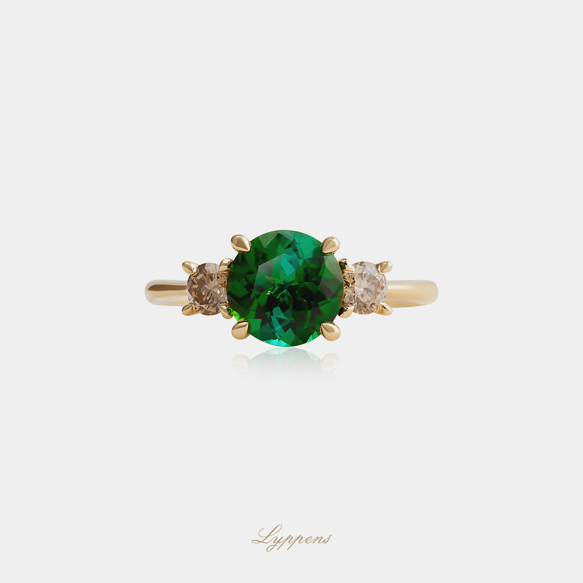 18kt geelgouden ring met groene toermalijn en bruine briljant diamant 0.35ct SI