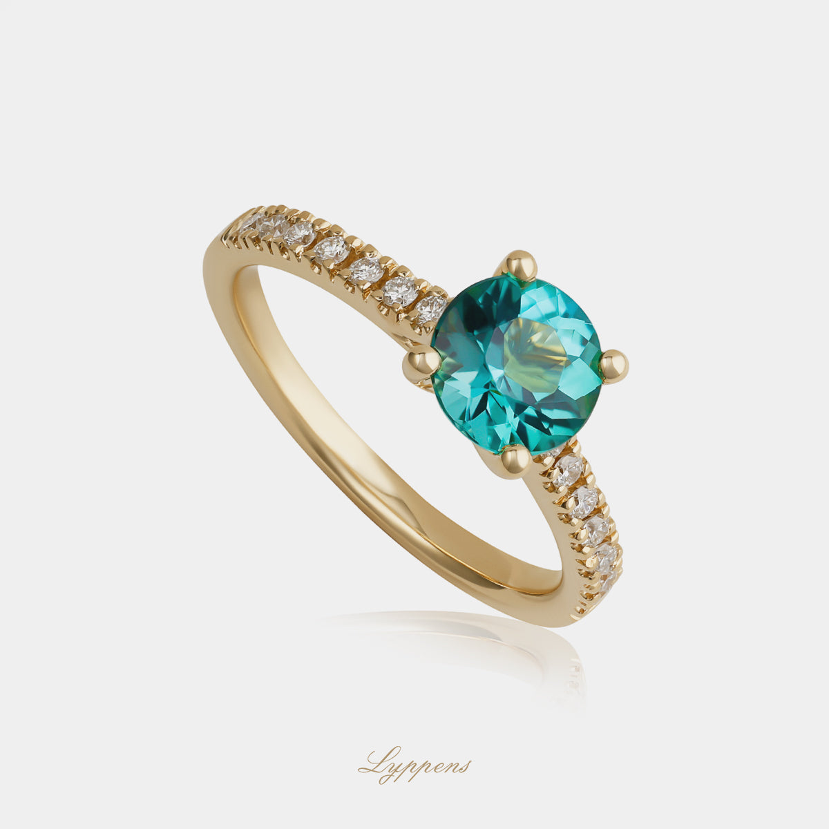 18 karaat geelgouden ring met toermalijn en pavé briljant geslepen diamant 0.20ct