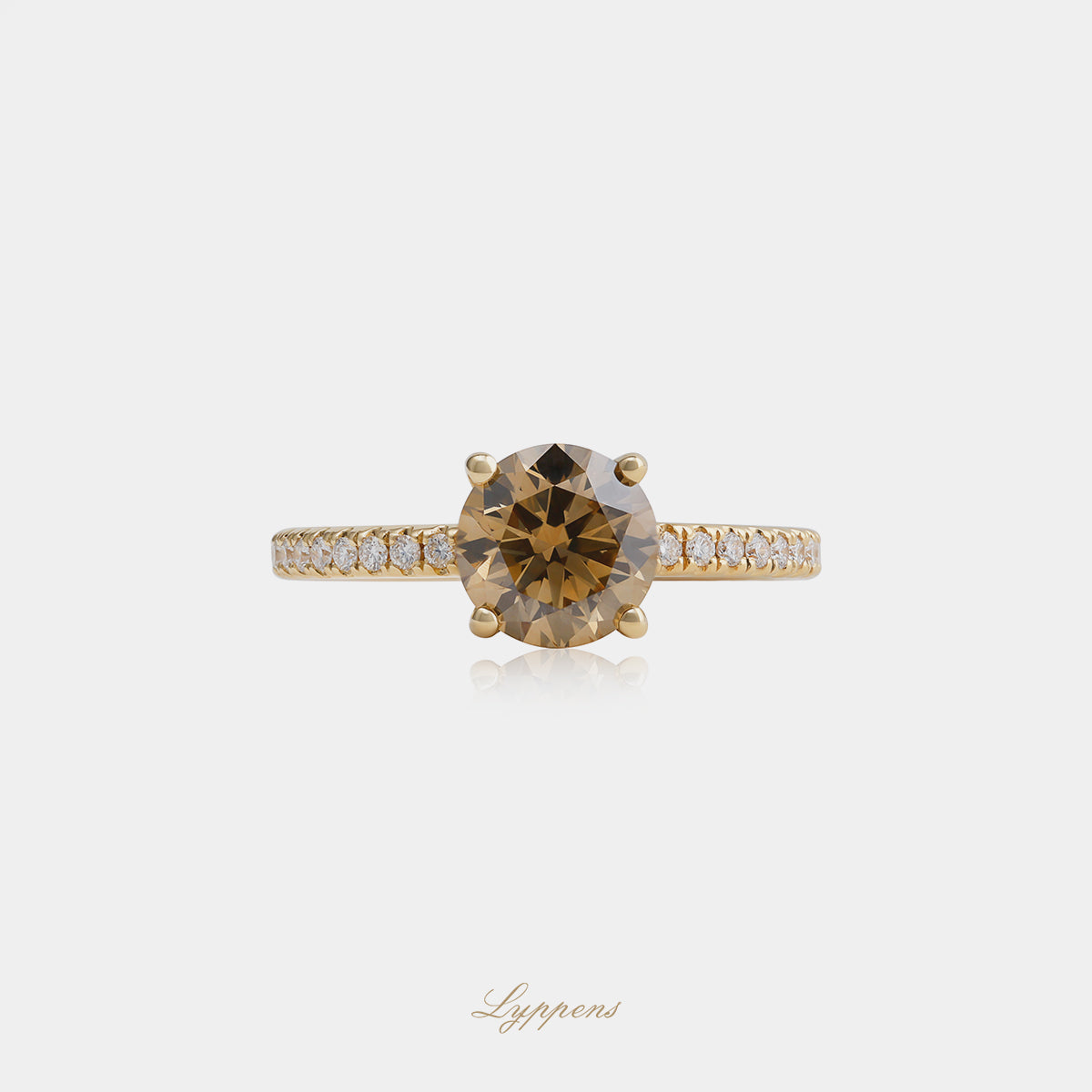 18kt geelgouden solitair ring met 1.53ct bruine diamant VS en pavé diamant 0.28ct G SI