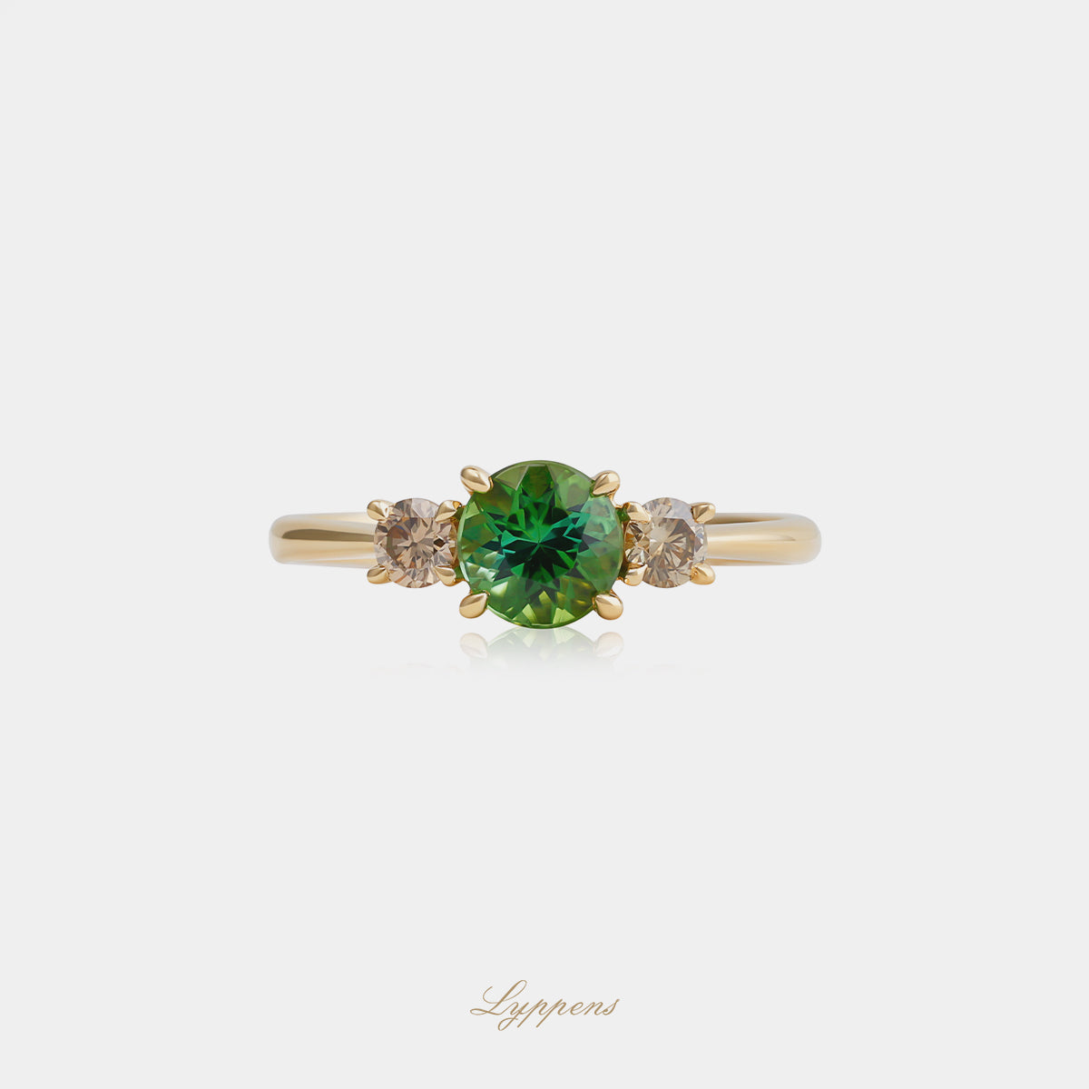 18kt geelgouden ring met groene toermalijn en bruine briljant diamant 0.24ct SI