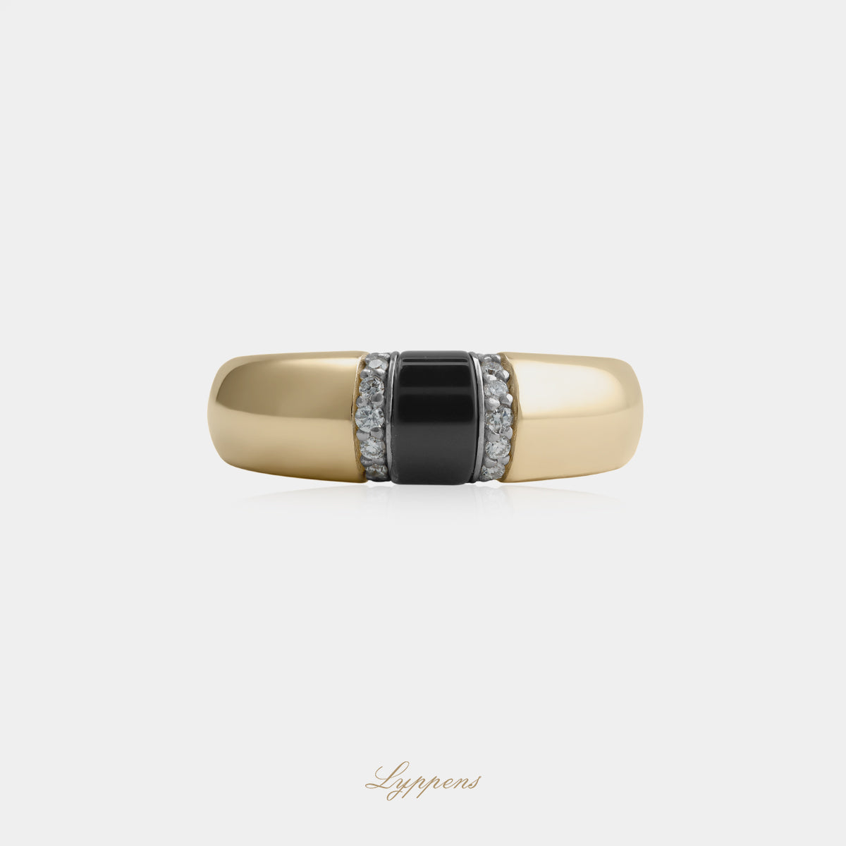 14kt geelgouden bolle ring met fantasie geslepen onyx en diamant 0.10ct H SI2 elegante edelsteen ring