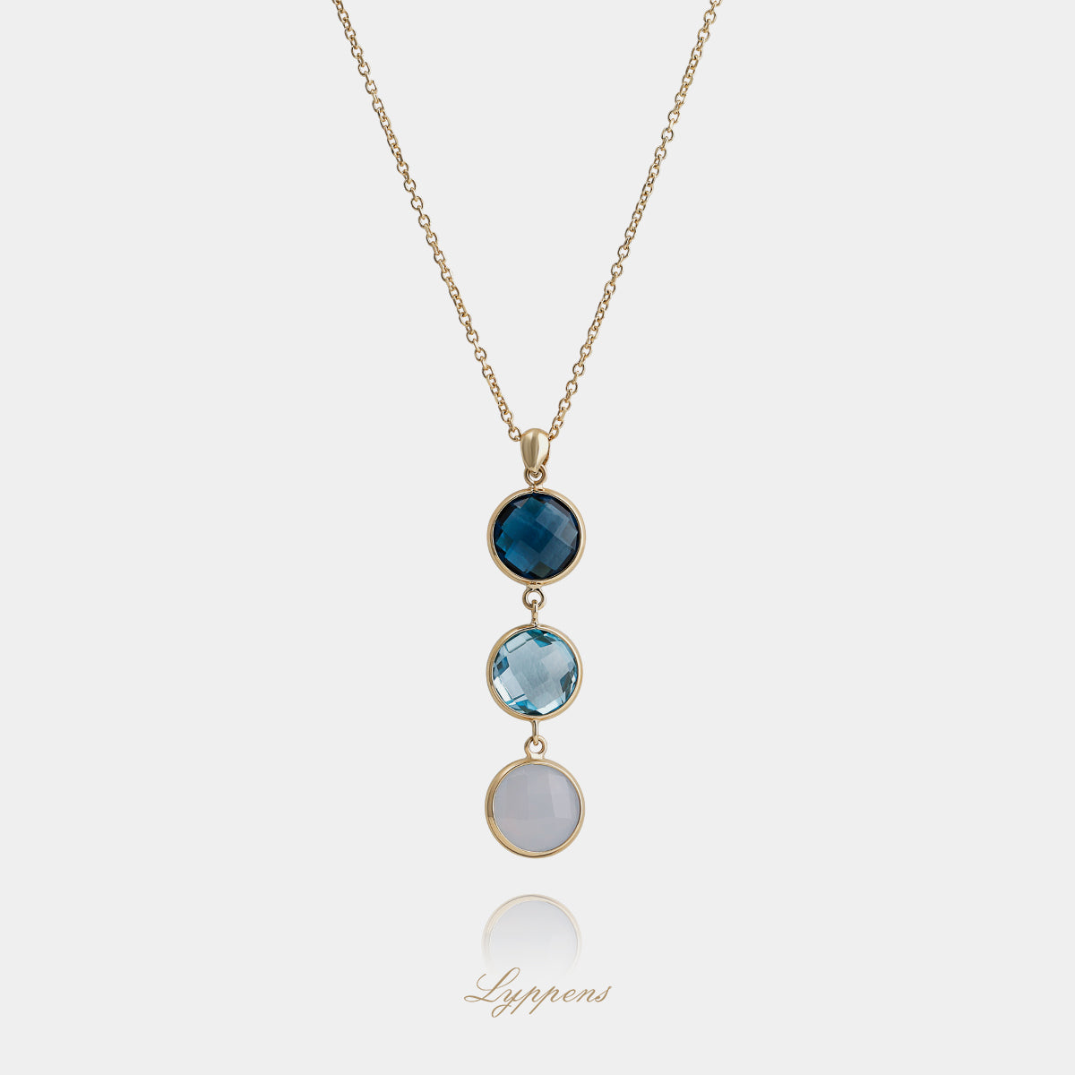 14kt geelgouden anker schakelcollier met hanger en rond geslepen topaas en kwarts