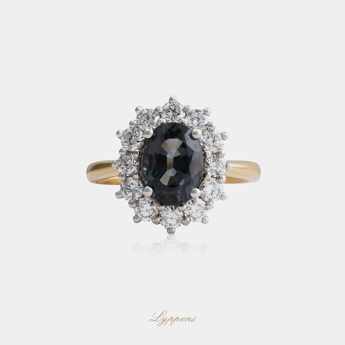 18kt geel- en witgouden entourage ring met ovaal spinel en diamant halo 1.06ct G SI1