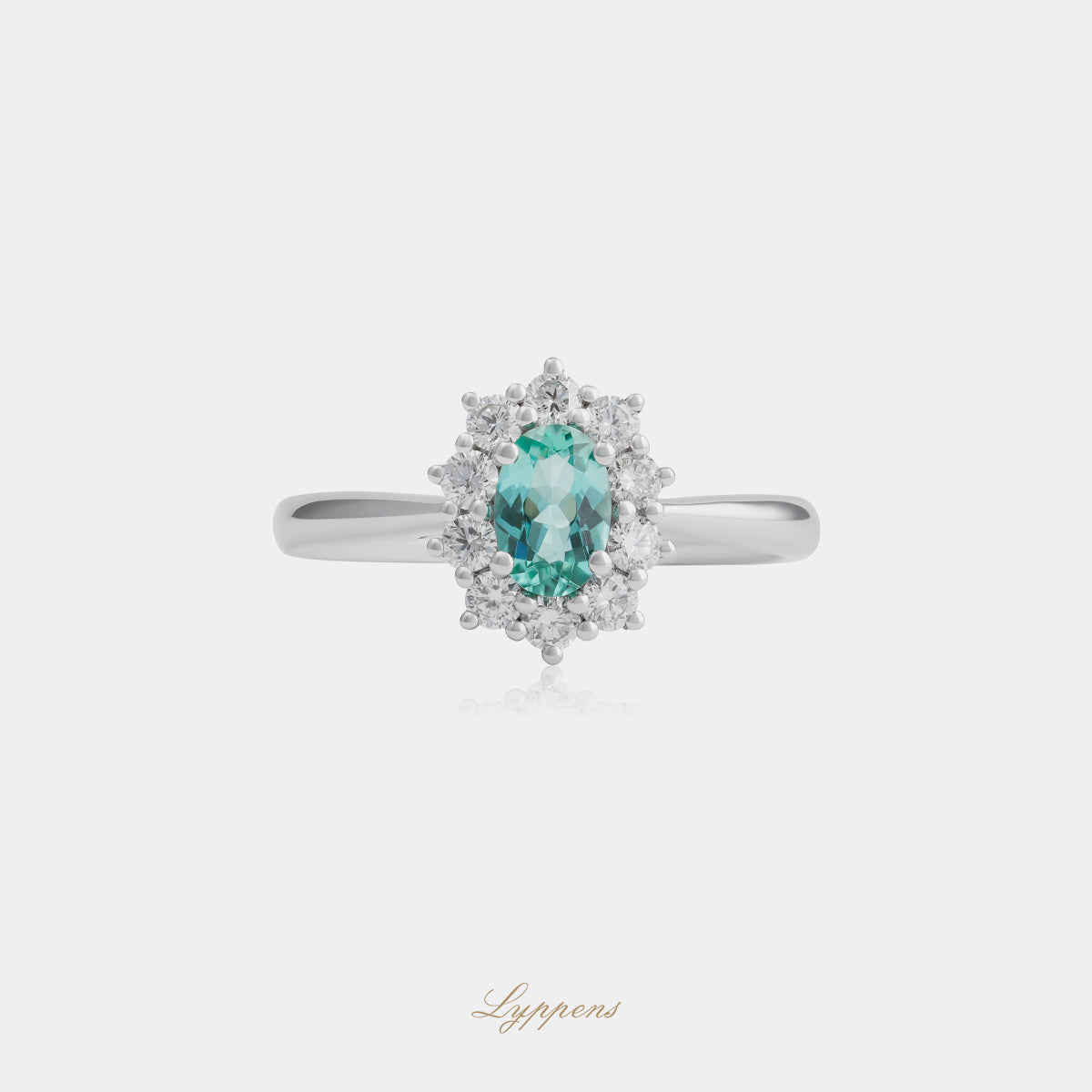 18kt witgouden entourage ring met ovaal toermalijn en diamant halo 0.35ct G SI1