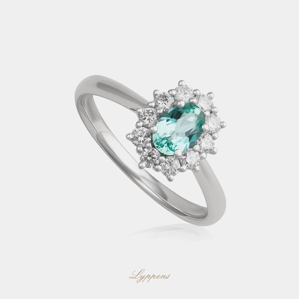 Witgouden entourage ring met toermalijn en diamant