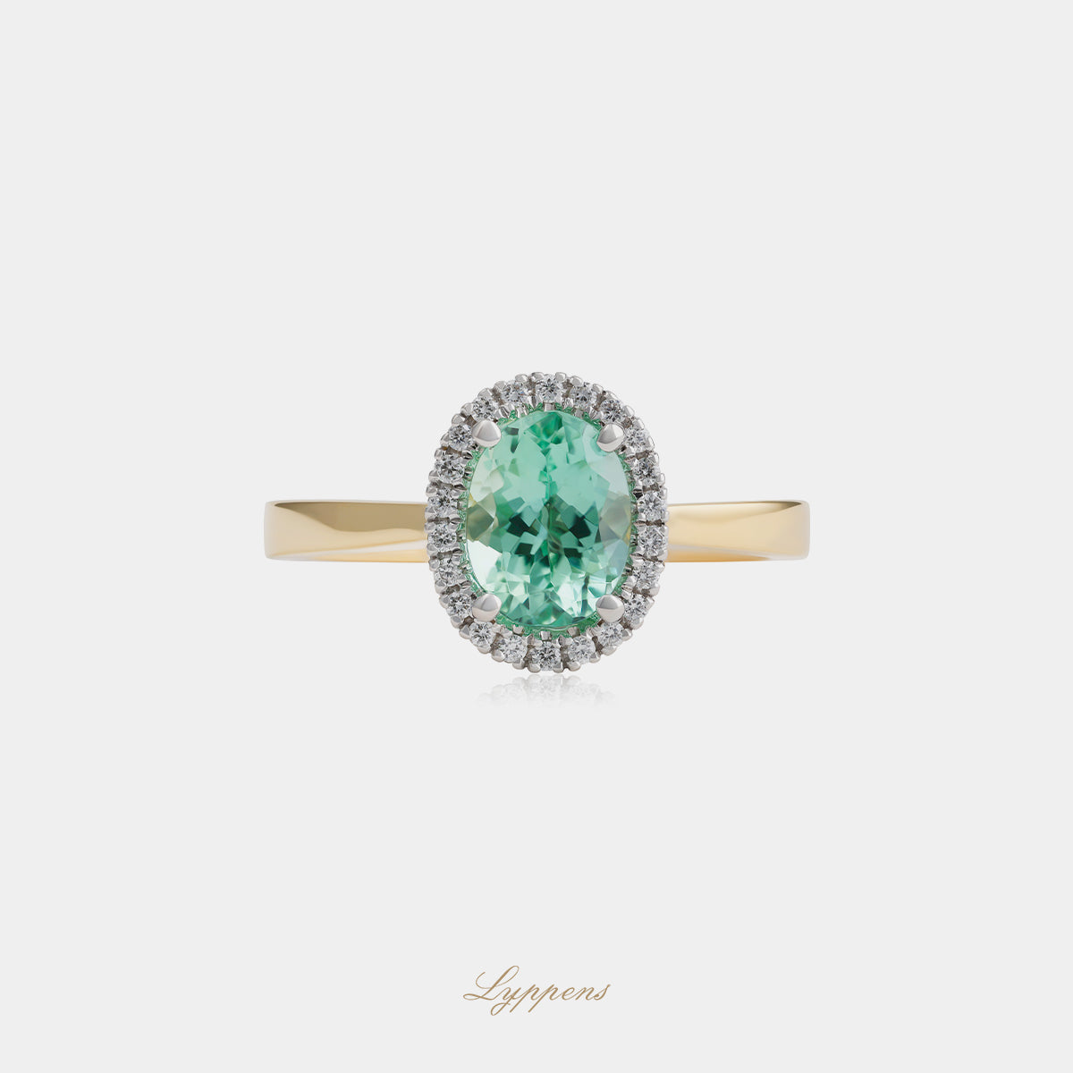 18kt geel- en witgouden entourage ring met ovaal toermalijn en diamant halo 0.11ct G SI1