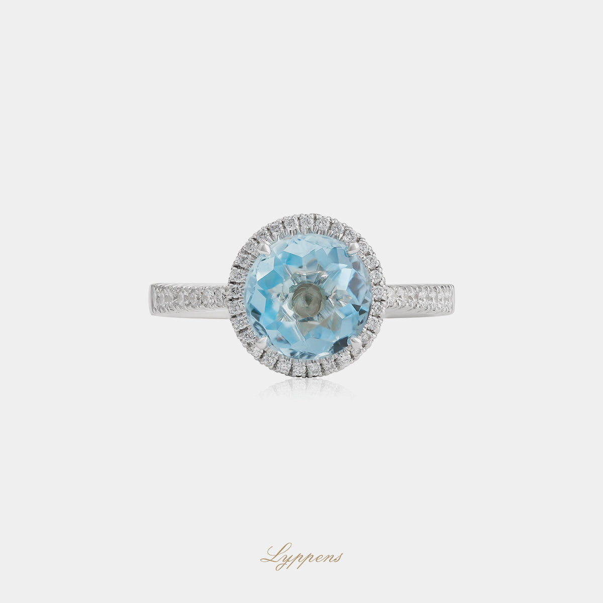 18kt witgouden entourage ring met rond aquamarijn en diamant halo 0.21ct G SI1