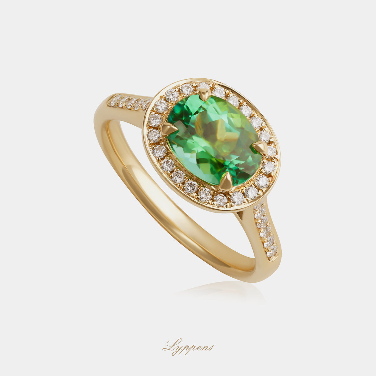 Geelgouden entourage ring met toermalijn en diamant