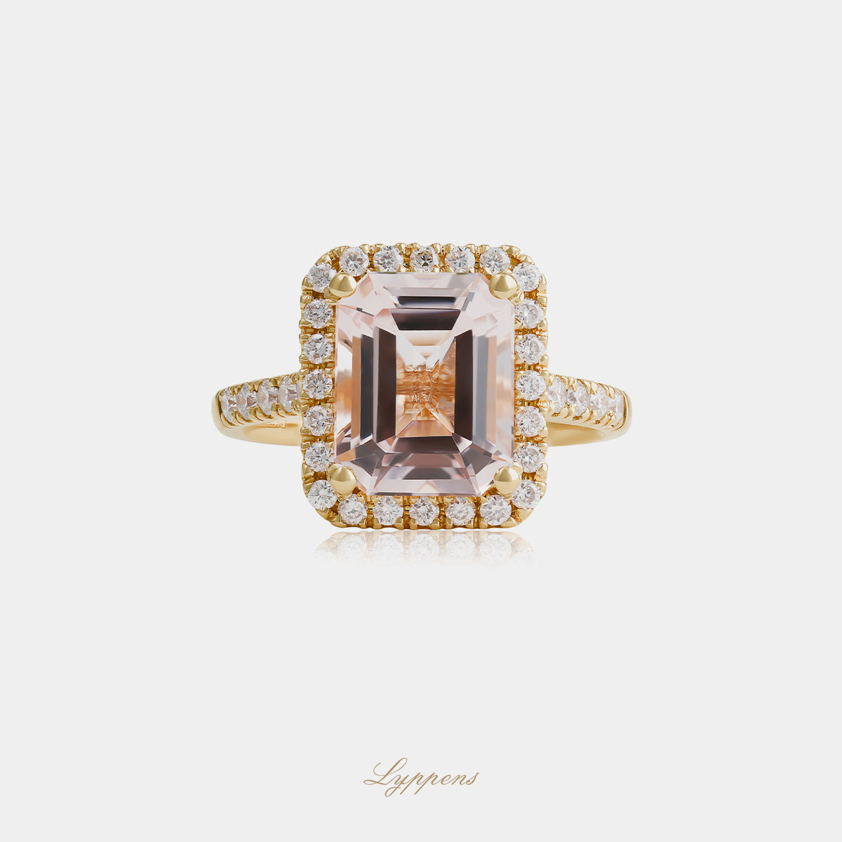 18kt roségouden entourage ring met rechthoekige morganiet en diamant 0.44ct G SI1