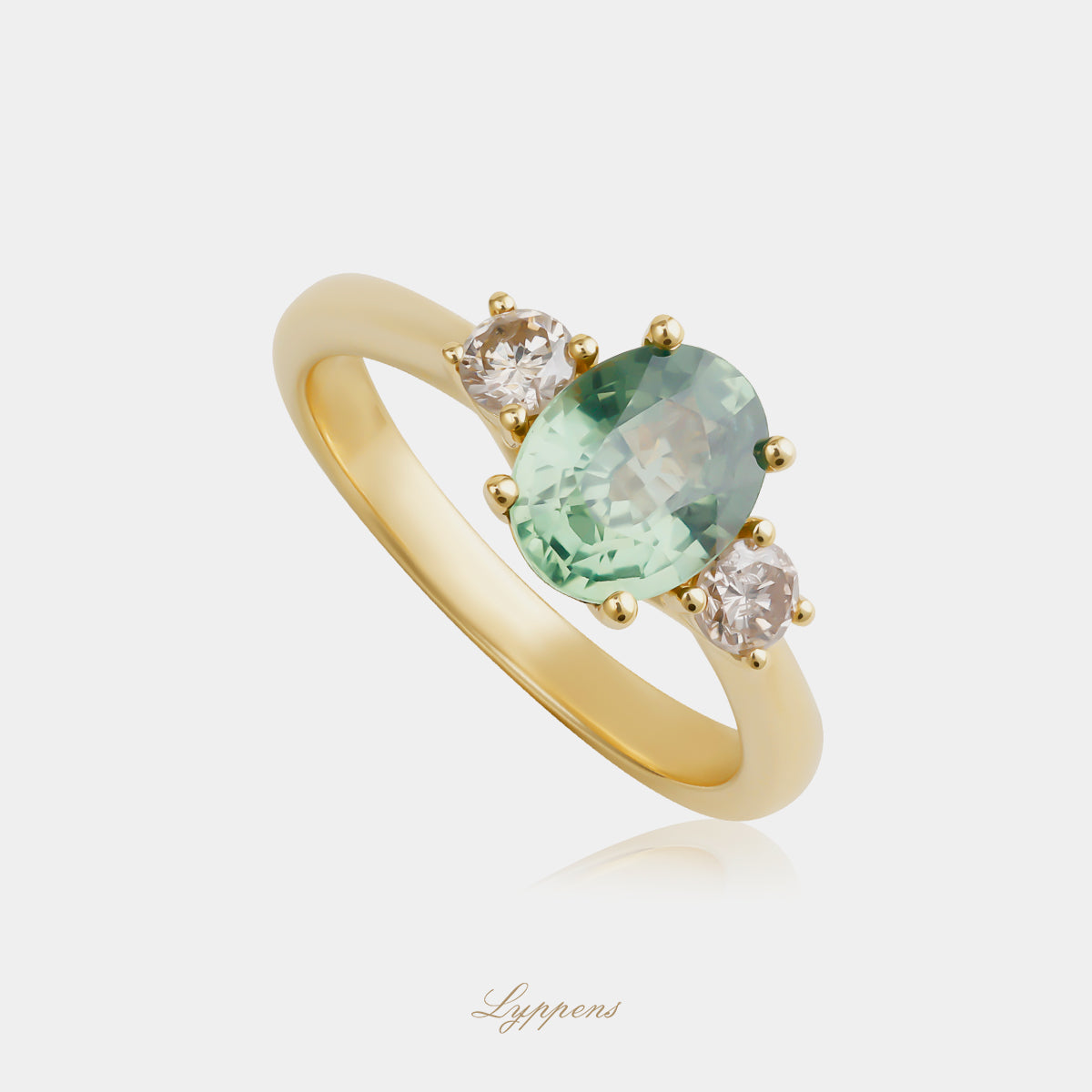 18 karaat geelgouden ring met groene saffier en bruine briljant geslepen diamant 0.24ct VS