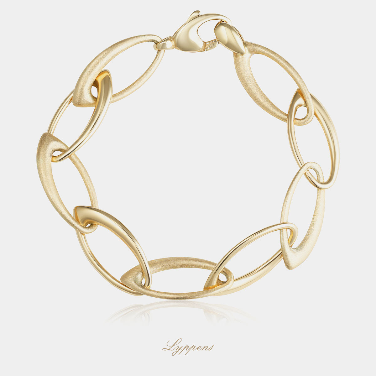 14kt geelgouden fantasie schakelarmband met navette schakels, glanzend en gematteerd