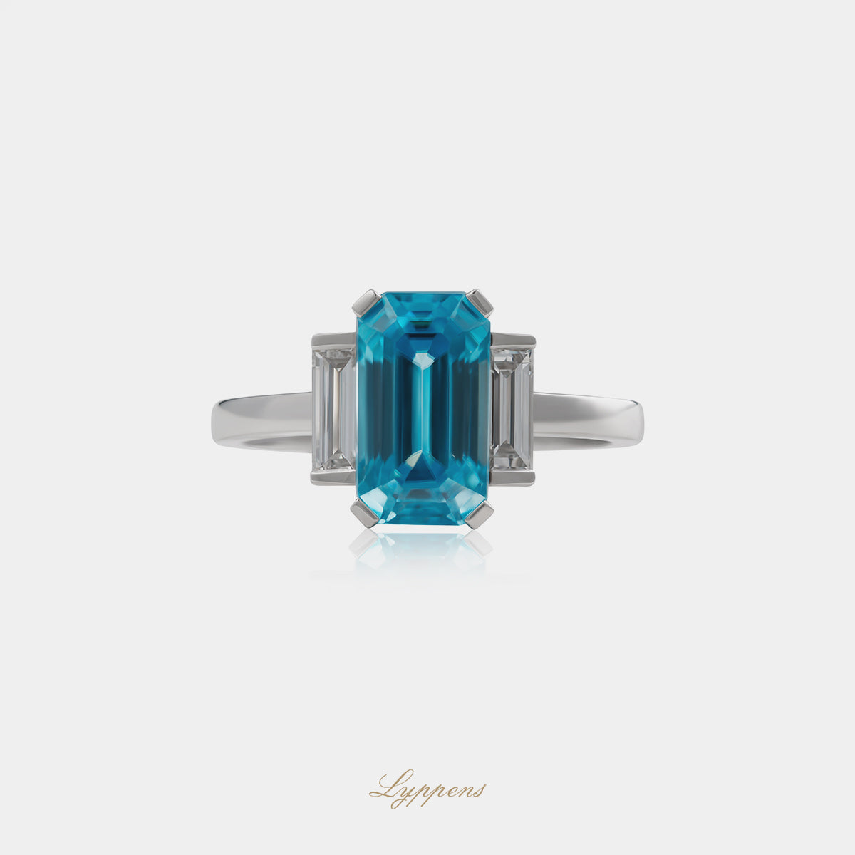 White gold three-stone ring with zircon and diamonds