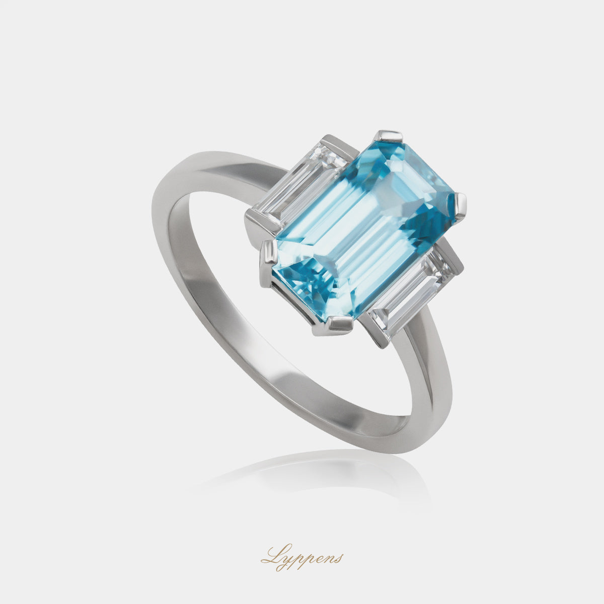White gold three-stone ring with zircon and diamonds