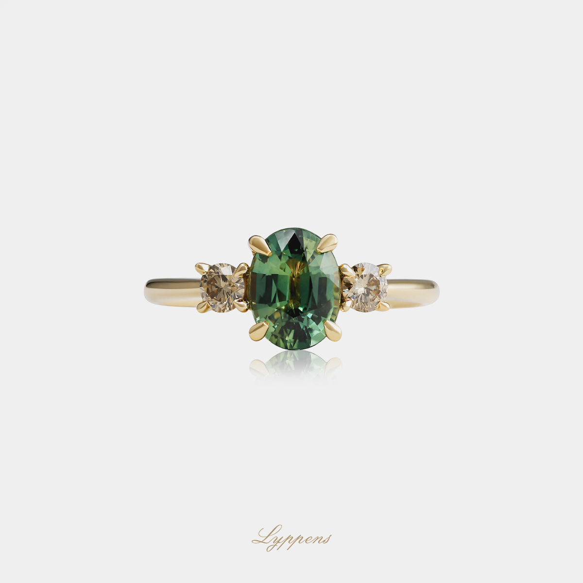 Geelgouden ring met groene saffier en bruine diamant