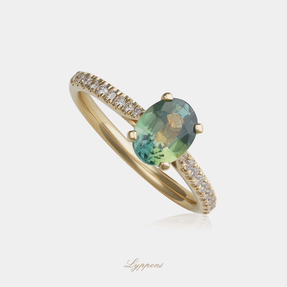Geelgouden solitair ring met teal saffier en diamant