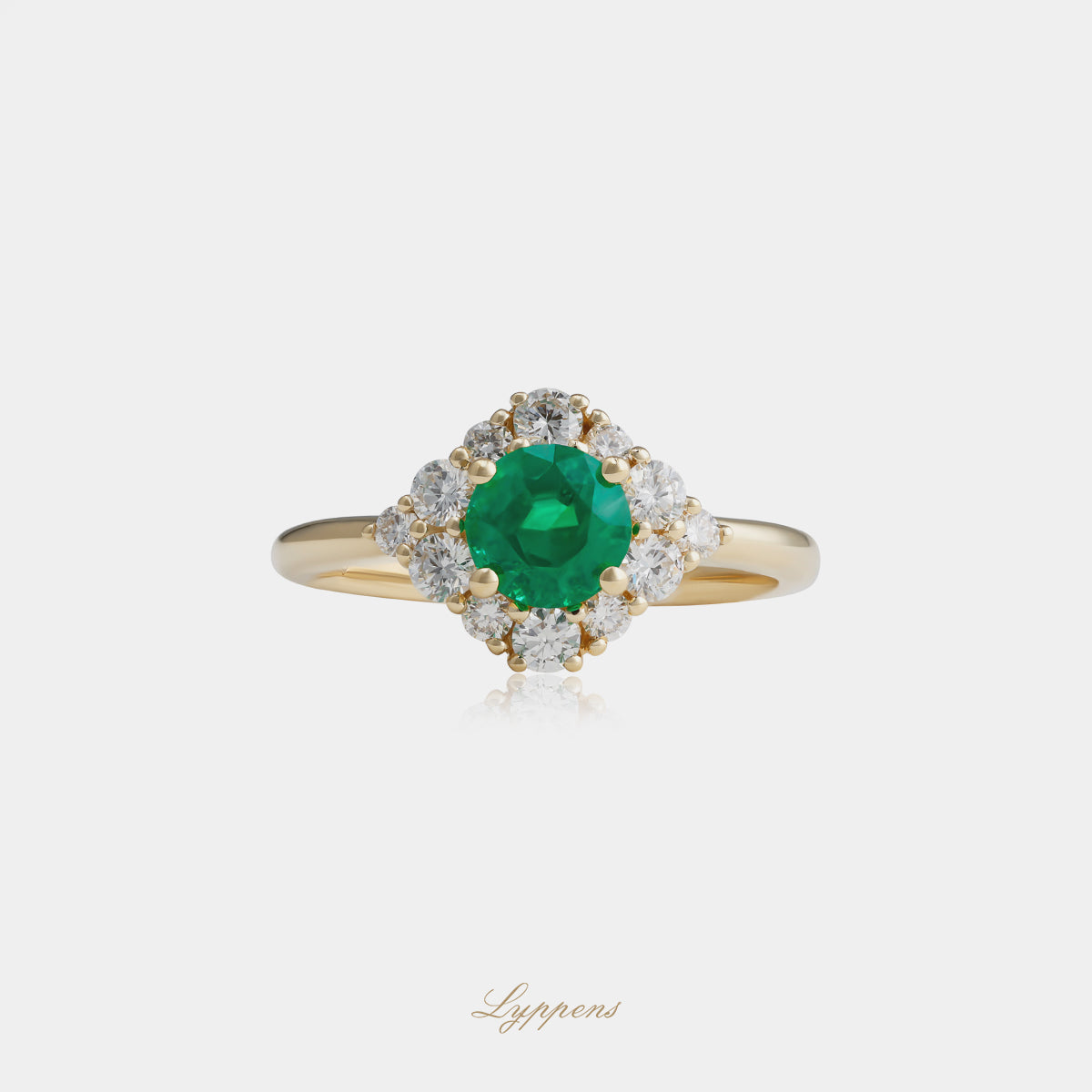 Geelgouden entourage ring met smaragd en diamant