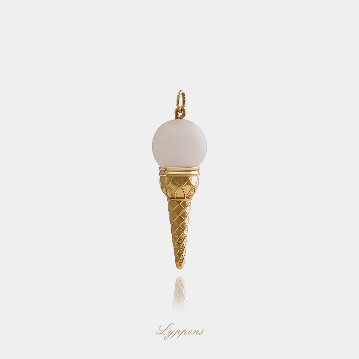 Yellow gold ice cream cone pendant with rose quartz