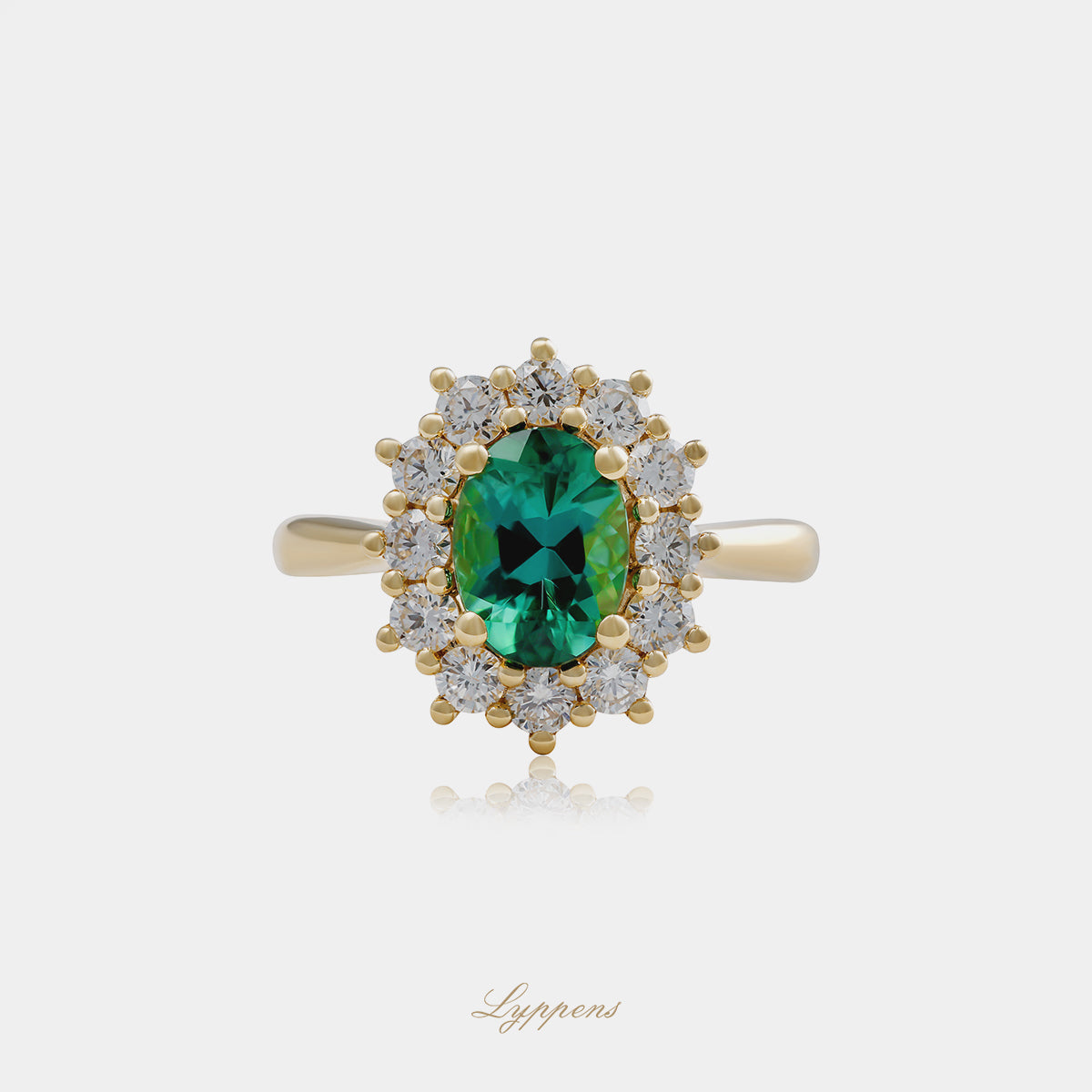 Yellow gold halo ring with tourmaline and diamonds