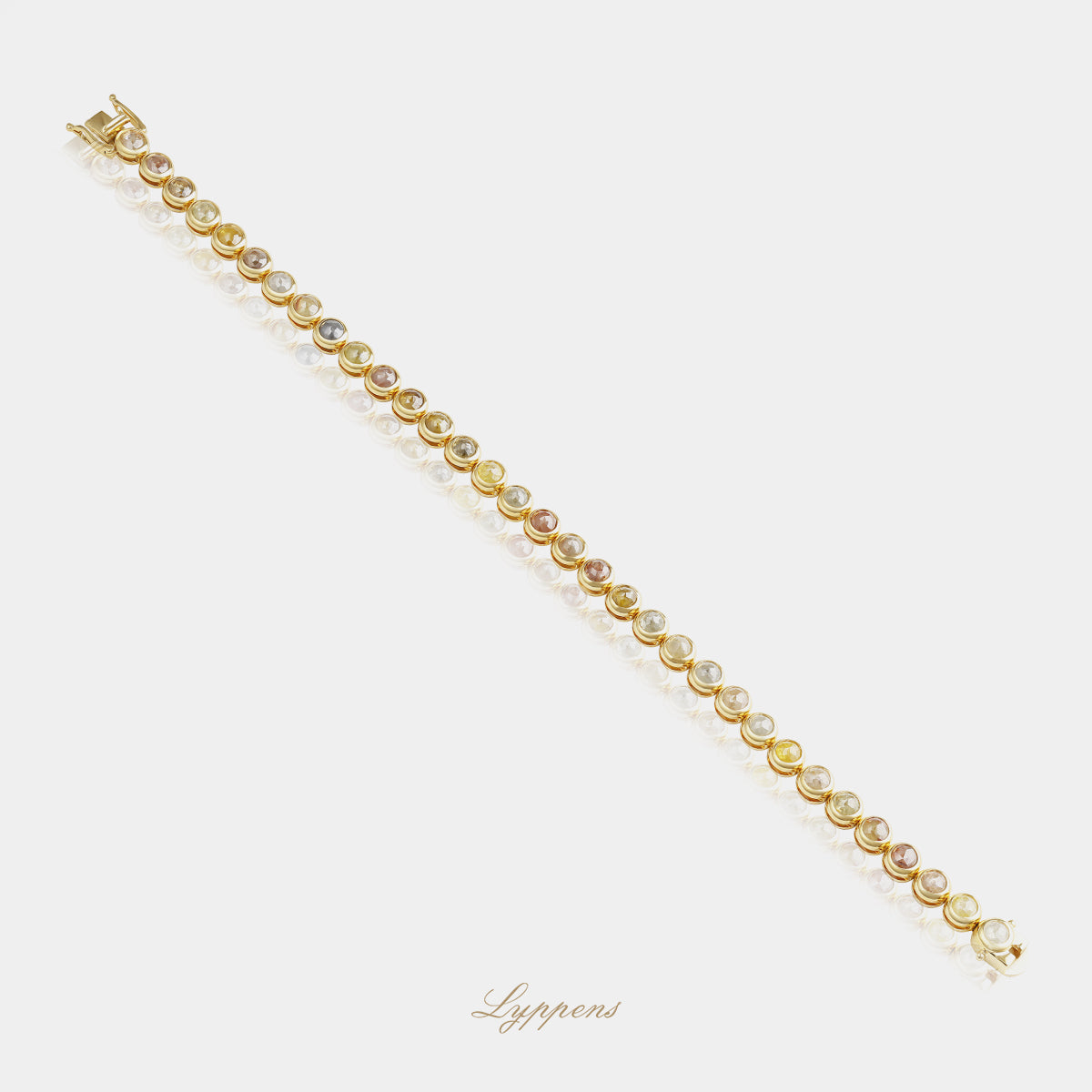18kt geelgouden diamanten tennisarmband met roosgeslepen diamanten in verschillende kleuren, totaal 9.50ct