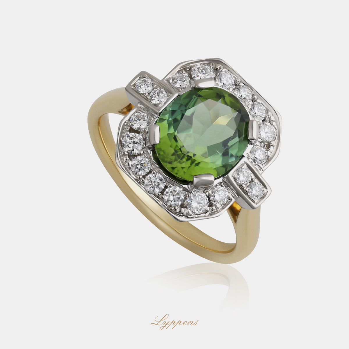 Yellow gold halo ring with tourmaline and diamonds
