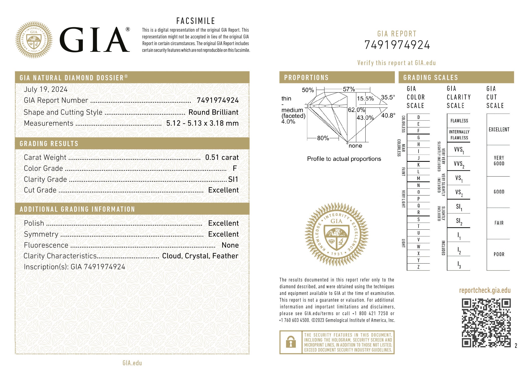 Briljant geslepen diamant 0.51ct, F, SI1