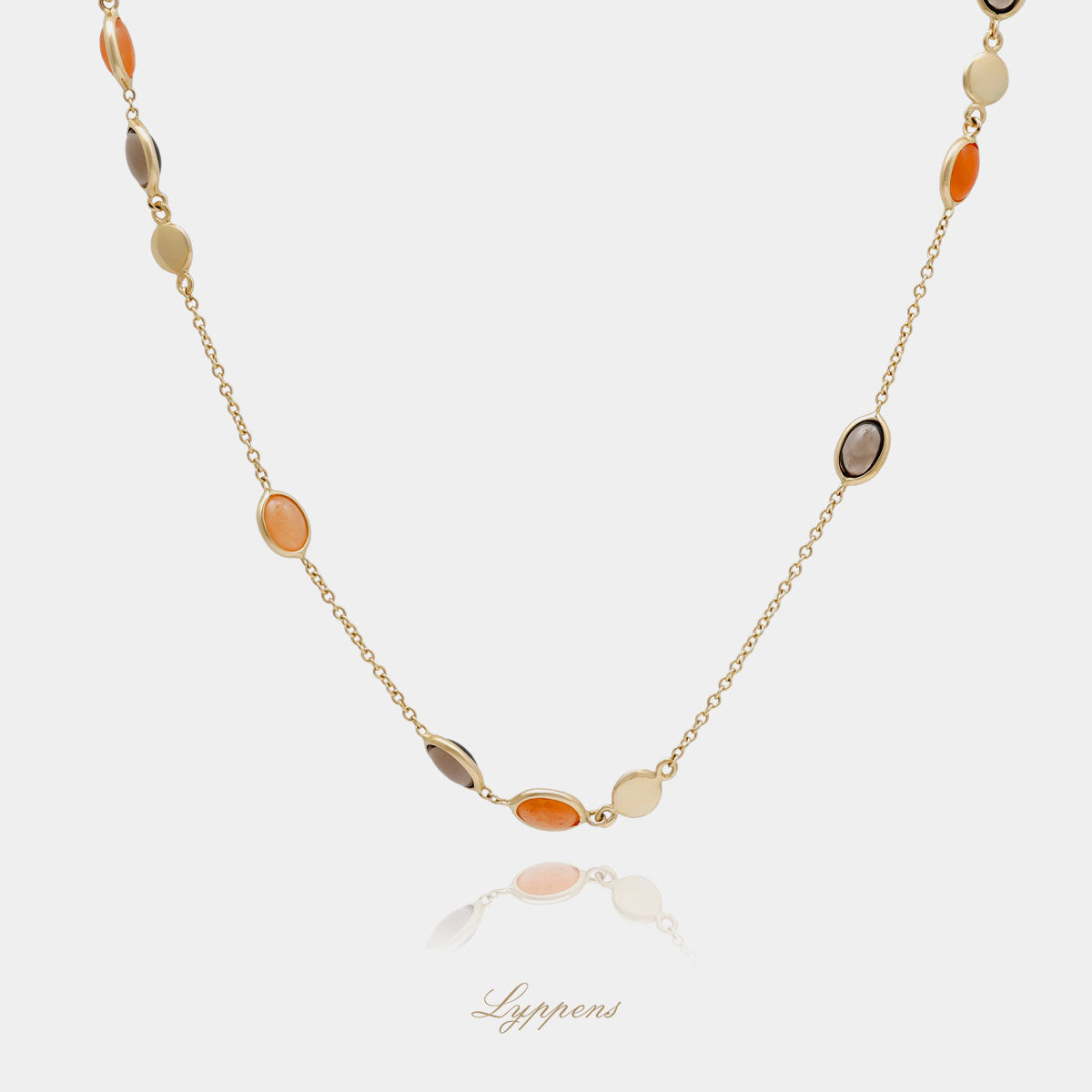 Yellow gold necklace with agate and smoky quartz