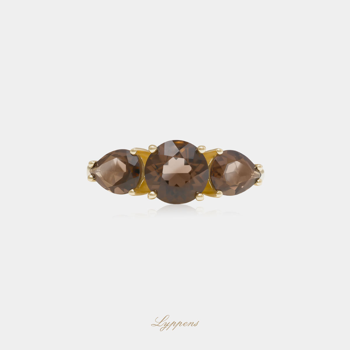 Geelgouden driesteens ring met rookkwarts
