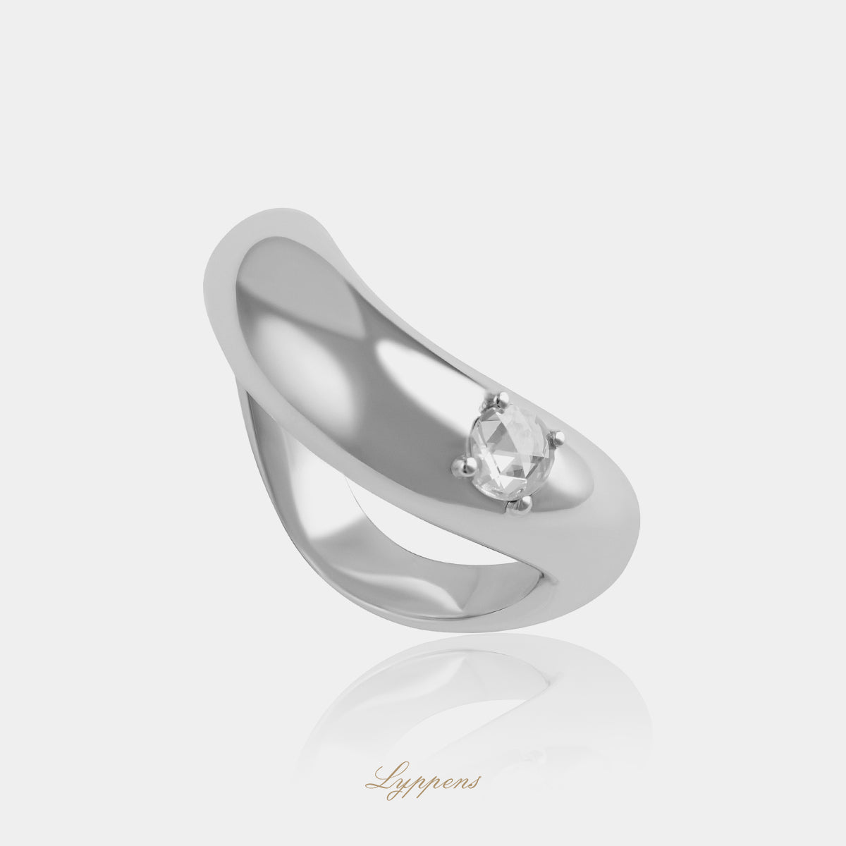 18 karaat witgouden ring met bolvormig, golvend ontwerp, gezet met een roosgeslepen diamant van 0.17ct F SI