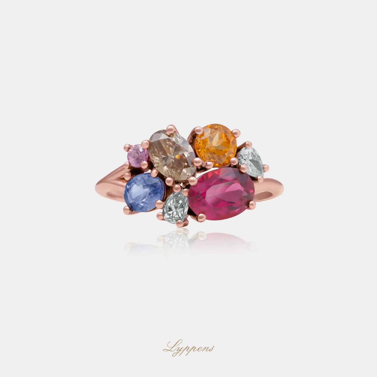 Roségouden ring gezet met verschillende kleurstenen en witte en bruine diamant.