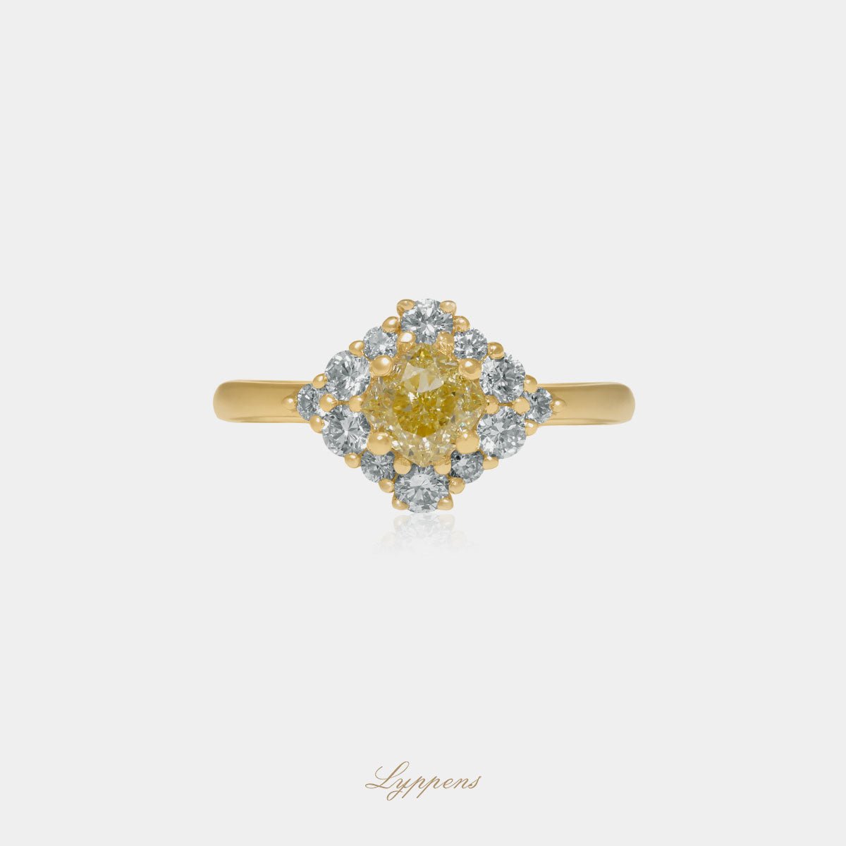 Geelgouden verlovings ring gezet met wit en gele briljant geslepen diamant.