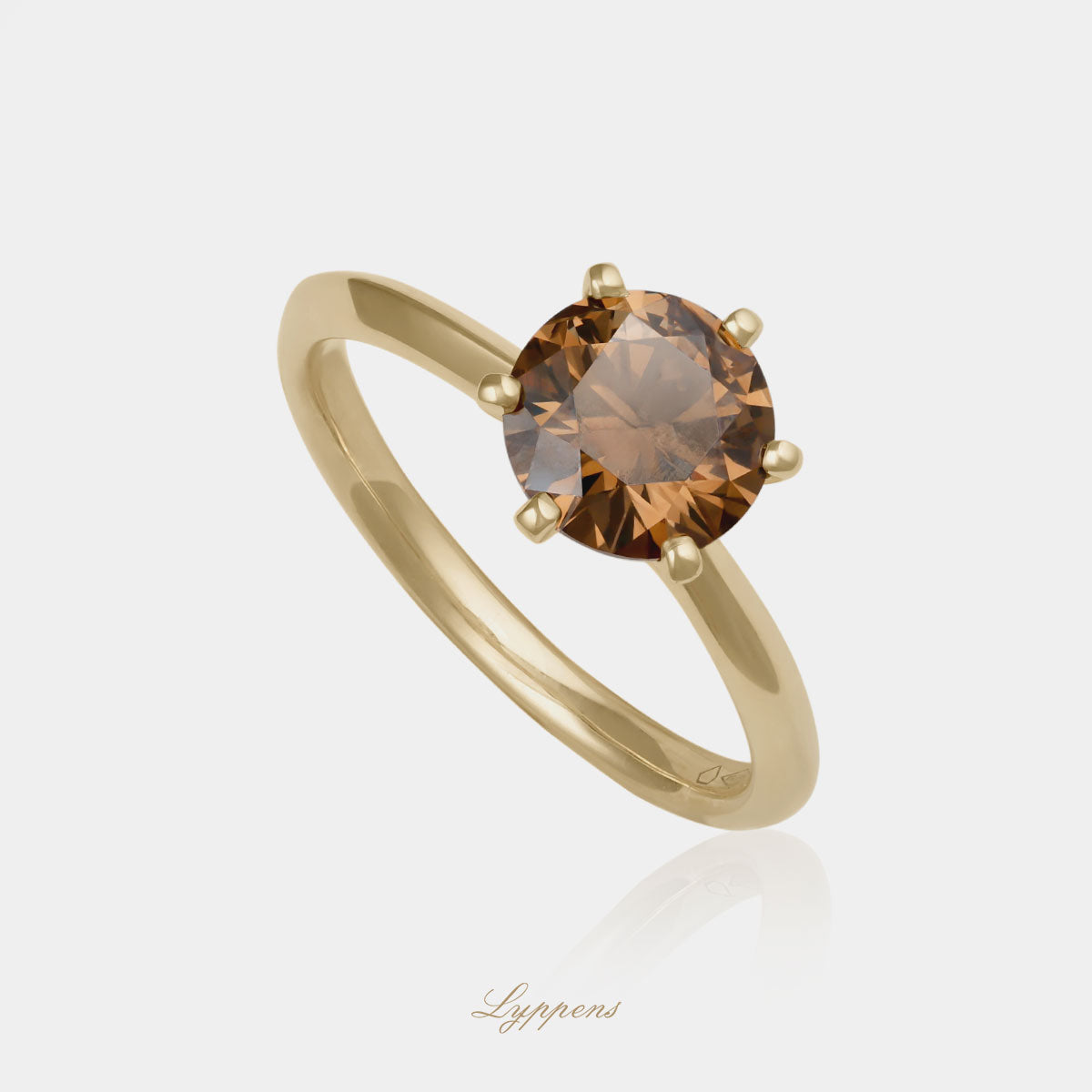 Geelgouden solitair ring met briljant geslepen bruine diamant