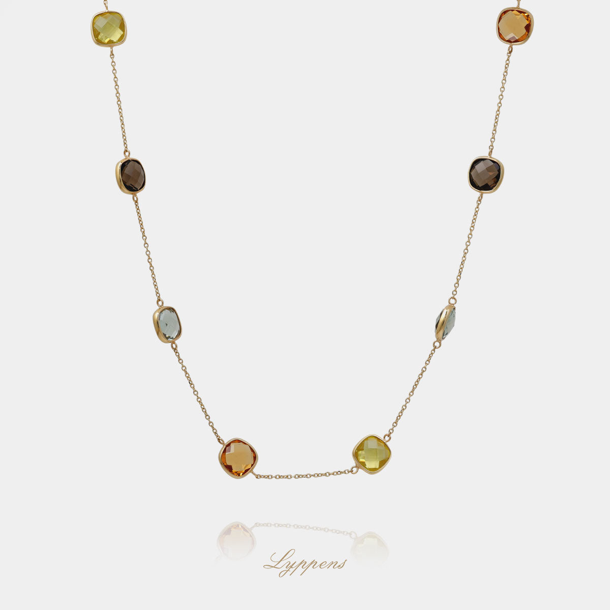 Geelgouden anker schakelcollier gezet met gefacetteerd prasioliet, lemon kwarts, rookkwarts en prasioliet.