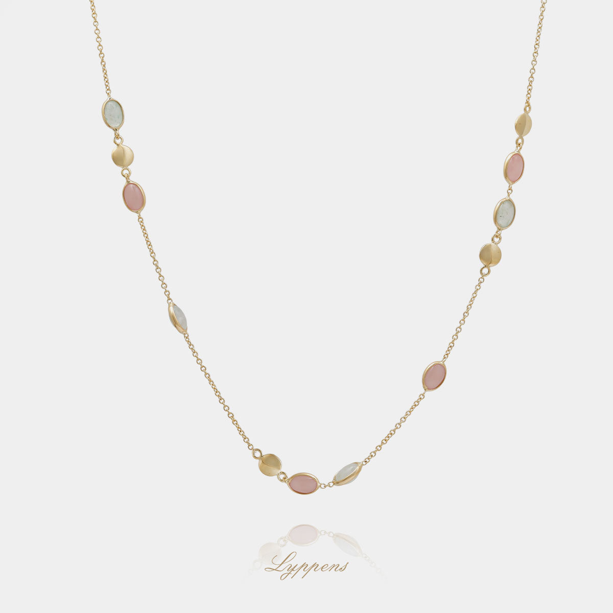 Geelgouden anker schakelcollier opgebouwd met gouden schijfjes en cabochon geslepen aventurijn en kwarts.