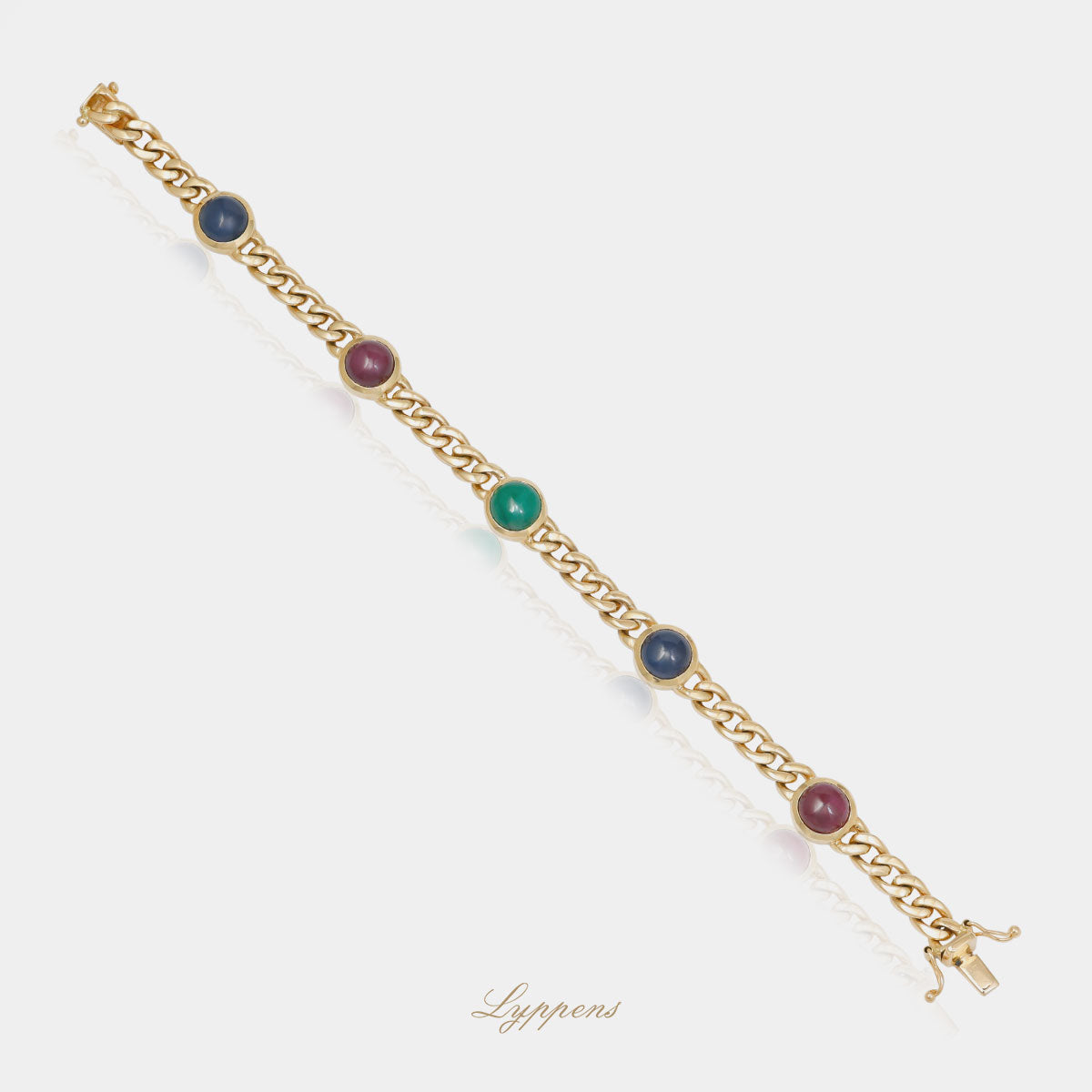Geelgouden schakelarmband met saffier, smaragd en robijn